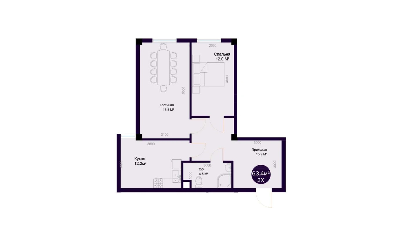 2-комнатная квартира 63.4 м²  1/1 этаж