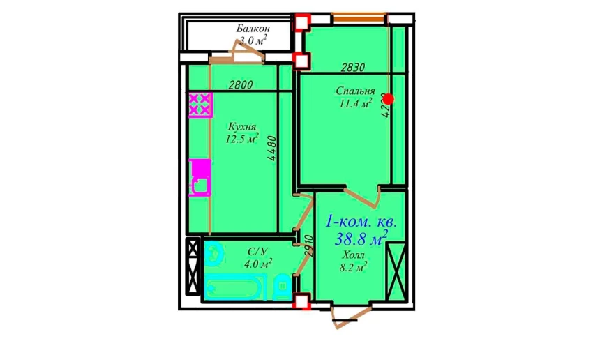 1-xonali xonadon 38.8 m²  5/5 qavat