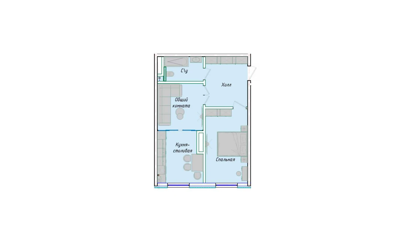 2-комнатная квартира 50.85 м²  1/1 этаж