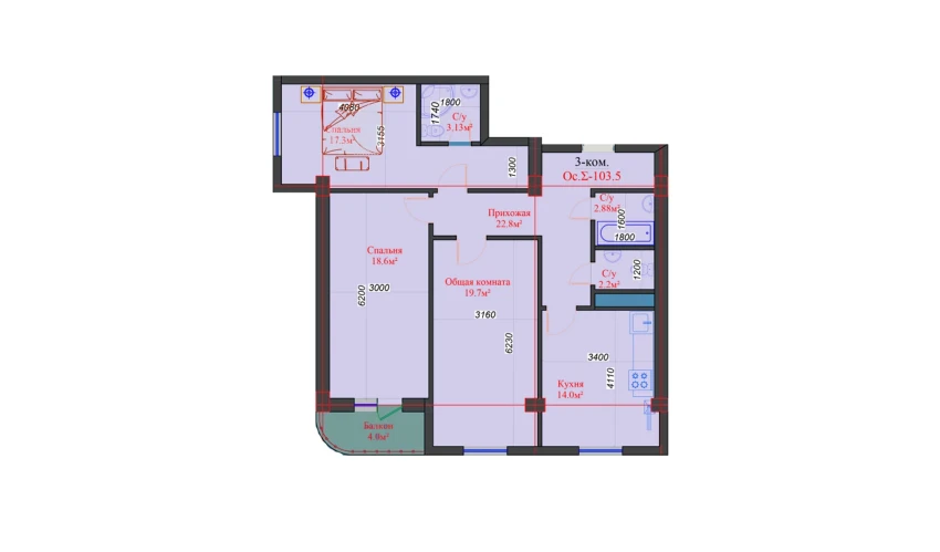 3-xonali xonadon 103.5 m²  2/10 qavat | Ooo Angren smart city 1 Turar-joy majmuasi