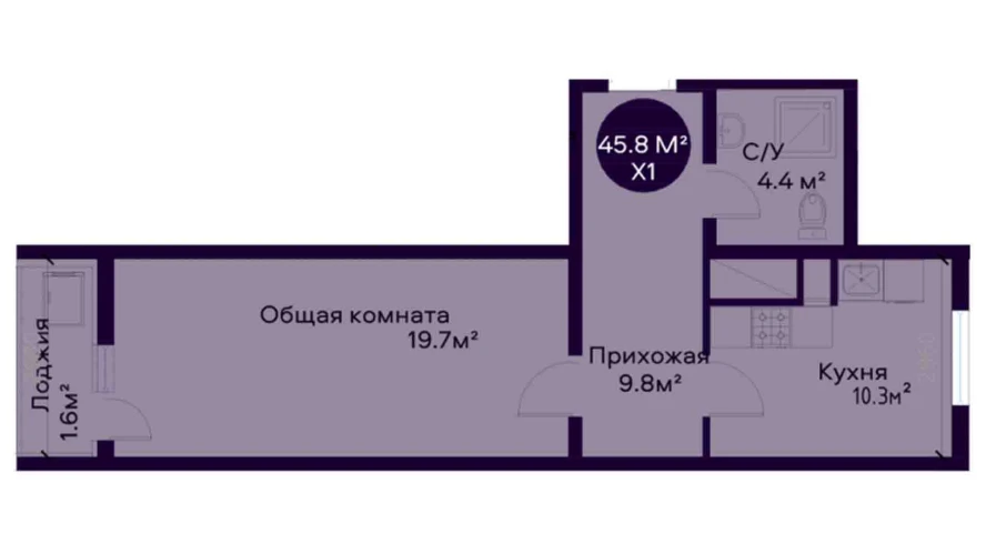 1-xonali xonadon 45.8 m²  3/3 qavat