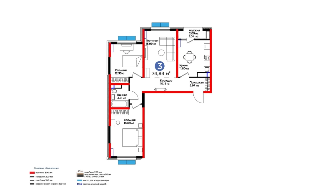 3-комнатная квартира 74.84 м²  10/10 этаж