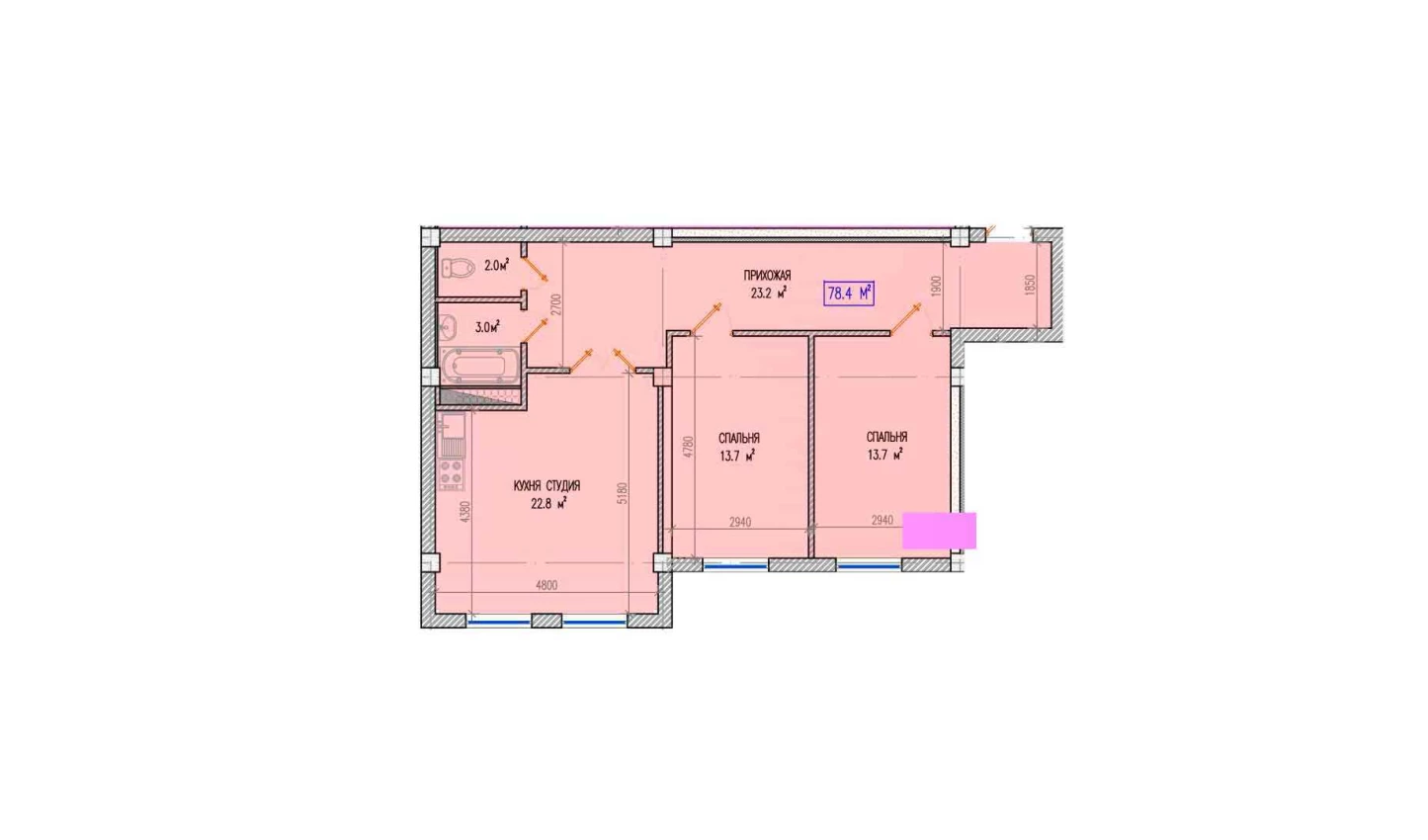 3-комнатная квартира 78.4 м²  1/1 этаж