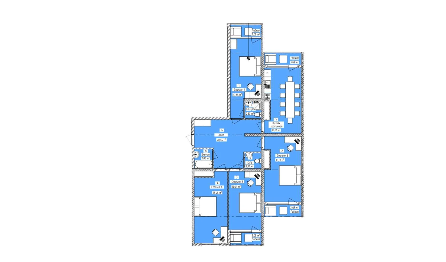 4-комнатная квартира 130.57 м²  3/3 этаж