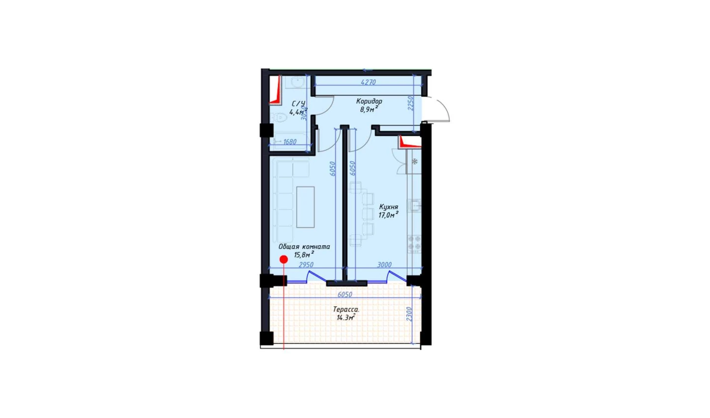 1-комнатная квартира 46.1 м²  14/14 этаж