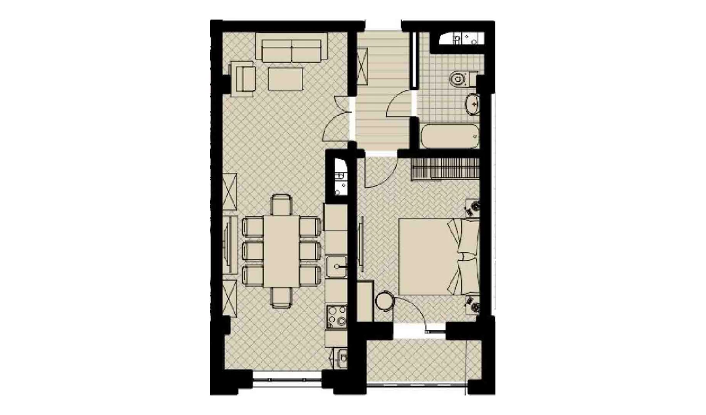 1-комнатная квартира 50.4 м²  1/1 этаж