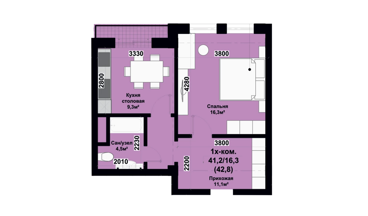 1-комнатная квартира 42.8 м²  4/4 этаж