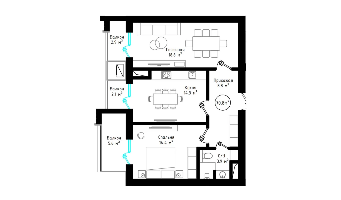 2-комнатная квартира 70.8 м²  6/6 этаж