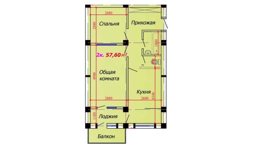 2-комнатная квартира 57.6 м²  4/9 этаж | Жилой комплекс VATAN