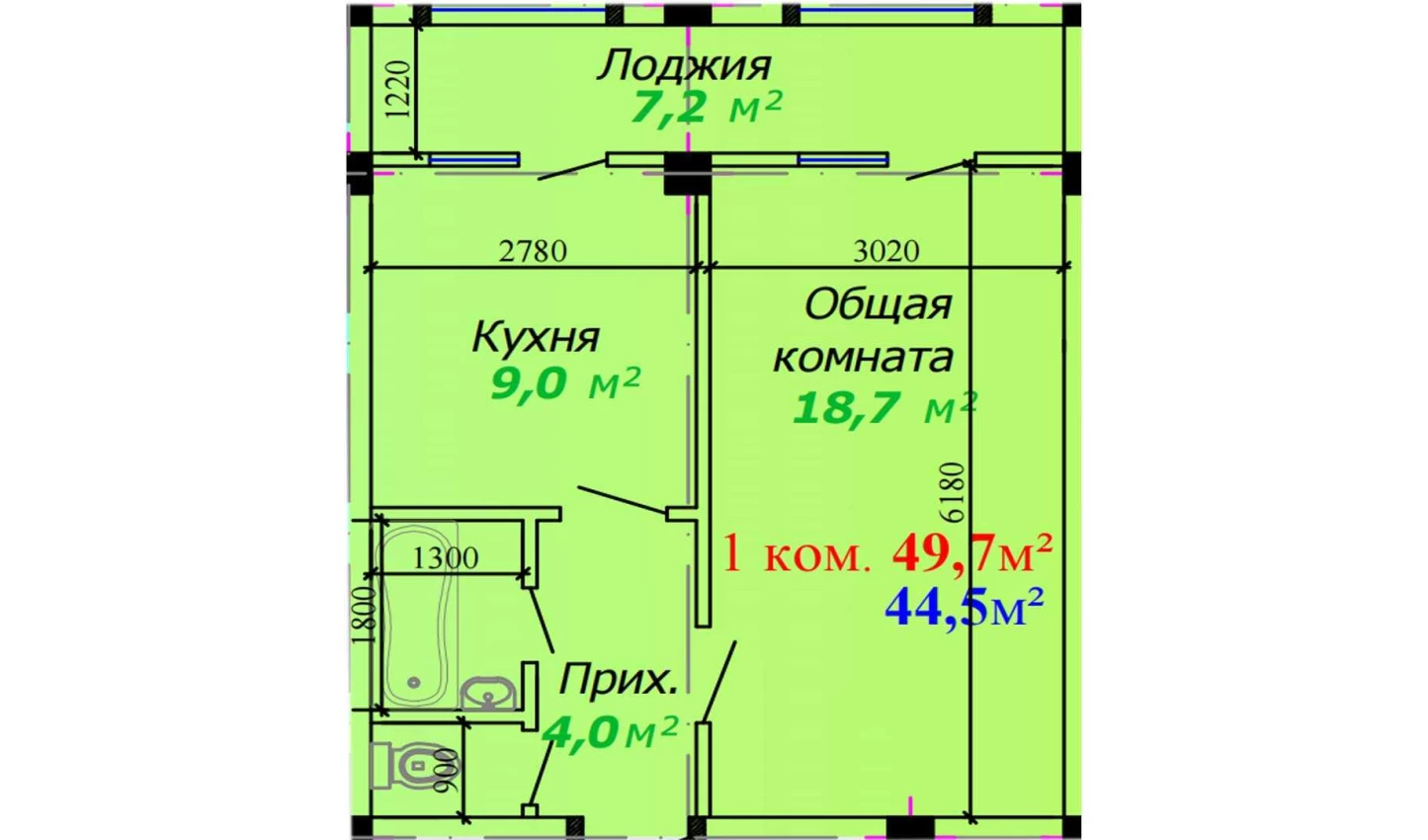 1-xonali xonadon 49.7 m²  1/1 qavat