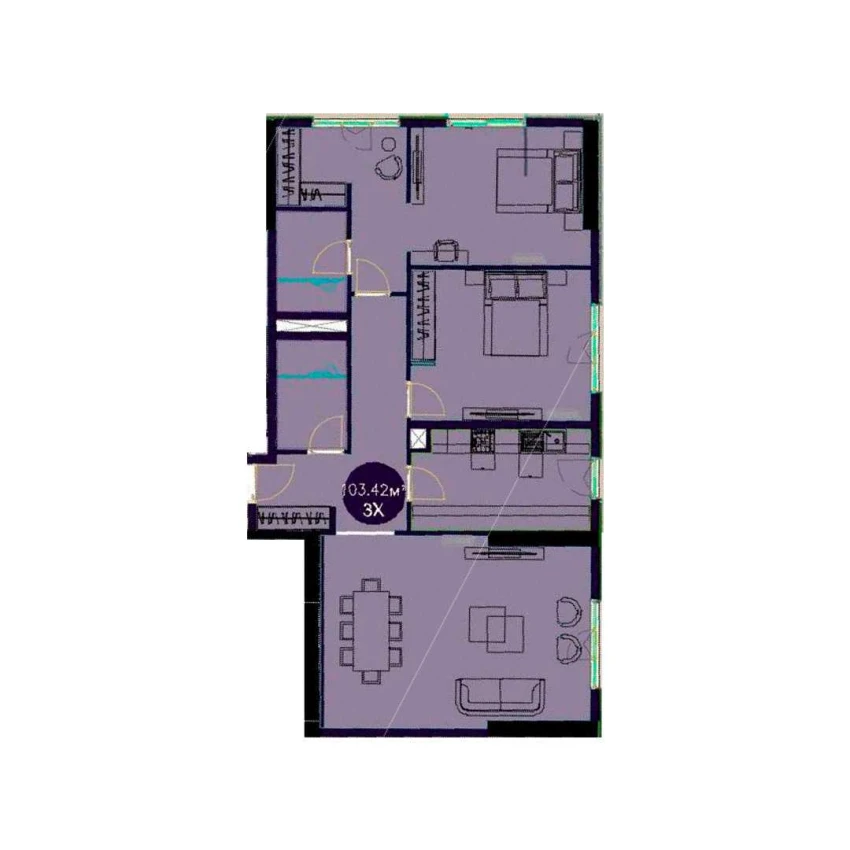 3-комнатная квартира 103.42 м²  2/2 этаж