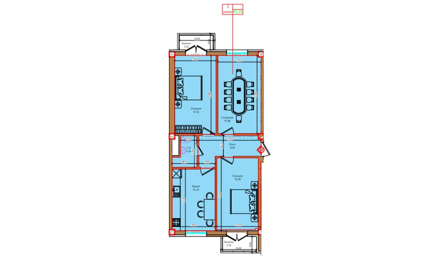 3-комнатная квартира 76.96 м²  6/6 этаж