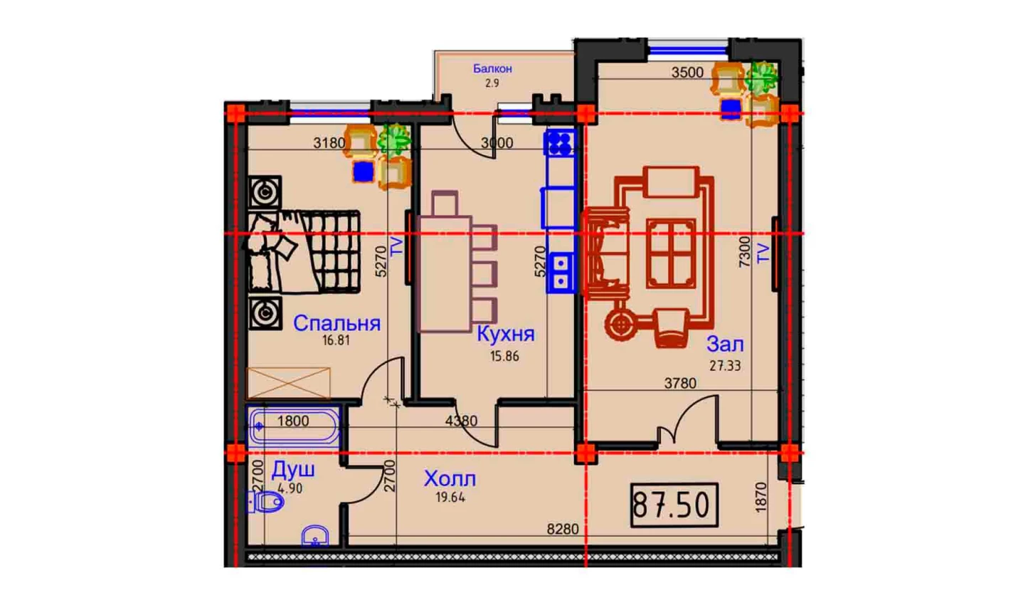 2-комнатная квартира 87.5 м²  7/7 этаж