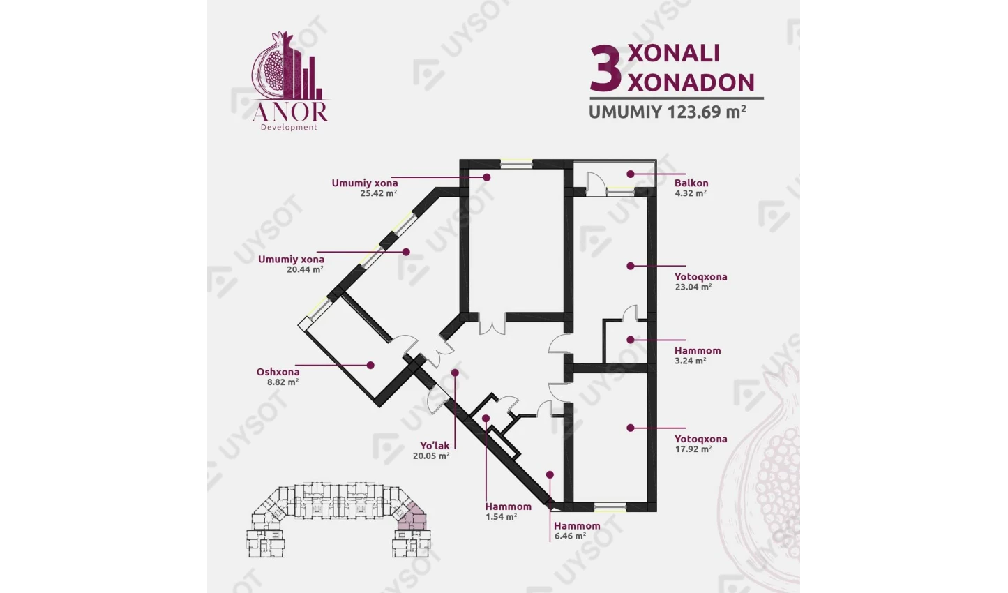 3-xonali xonadon 73 m²  1/1 qavat