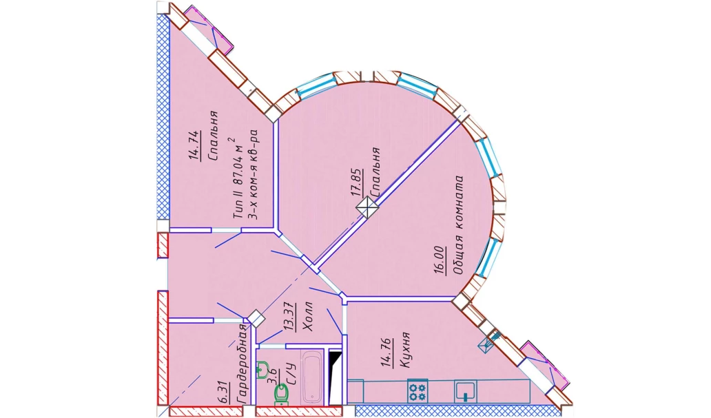 3-xonali xonadon 87.04 m²  8/10 qavat | Samarqand Park Avenue Turar-joy majmuasi