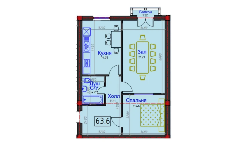 2-xonali xonadon 63.6 m²  2/2 qavat