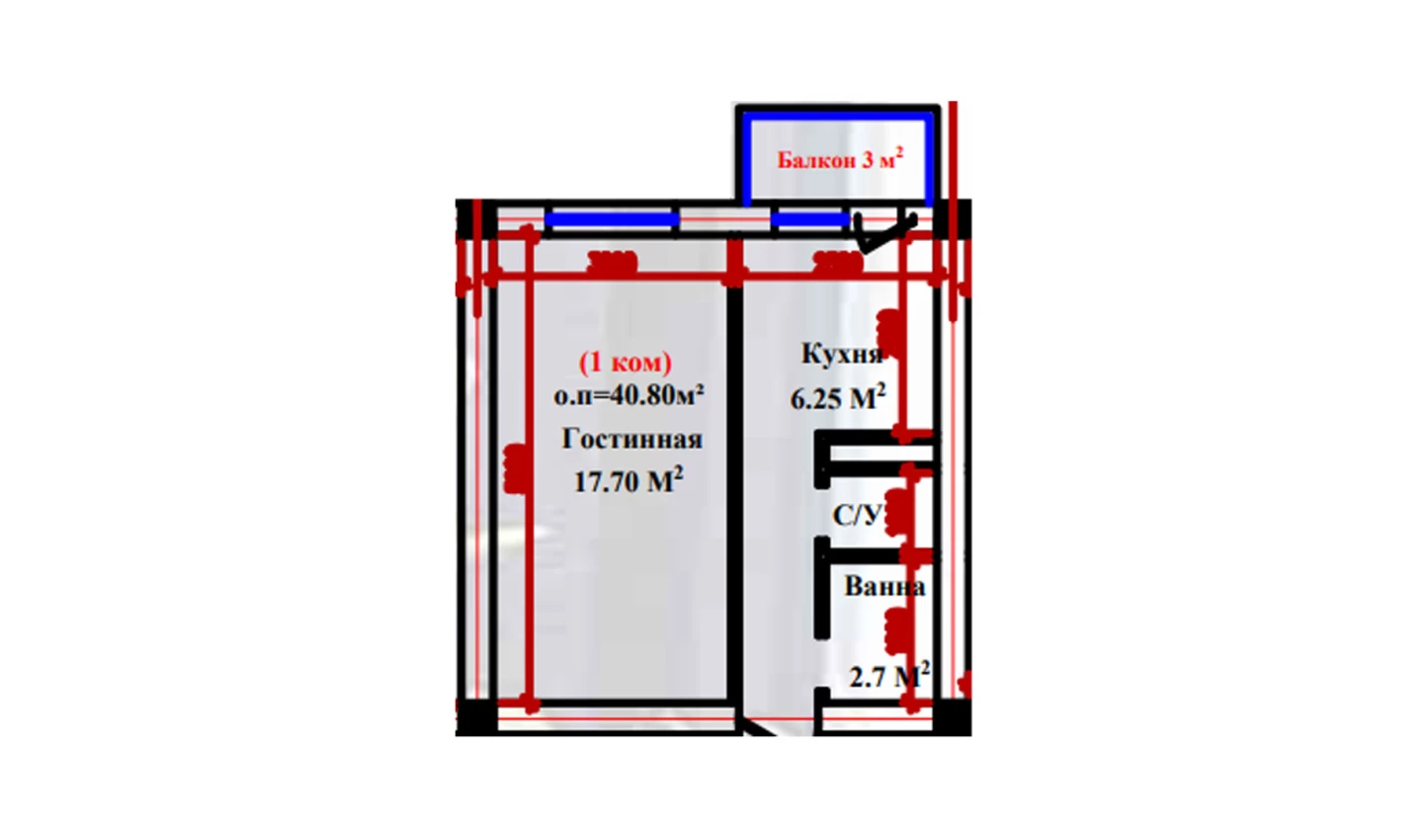 1-xonali xonadon 40.8 m²  2-9/2-9 qavat