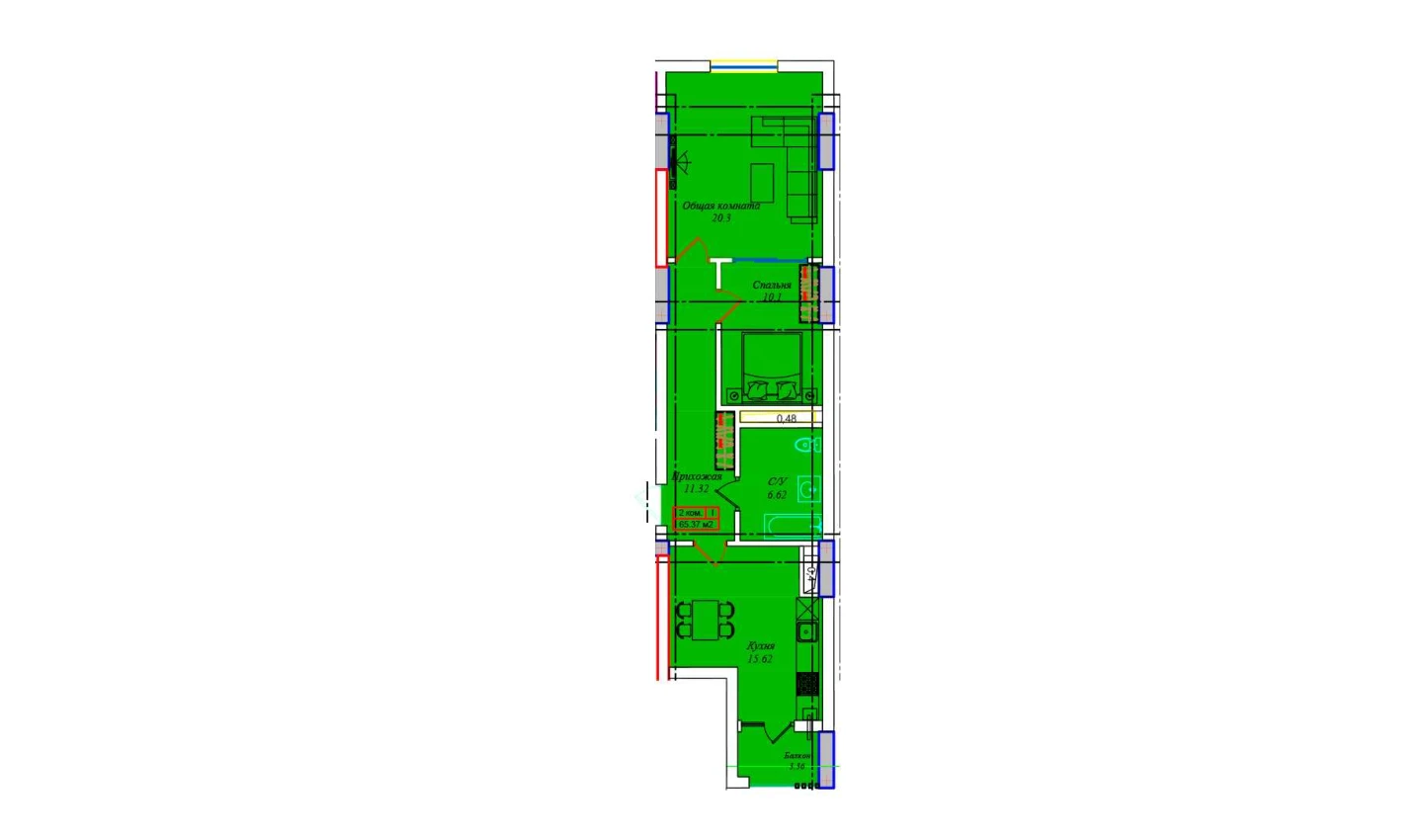 2-комнатная квартира 67.08 м²  15/15 этаж