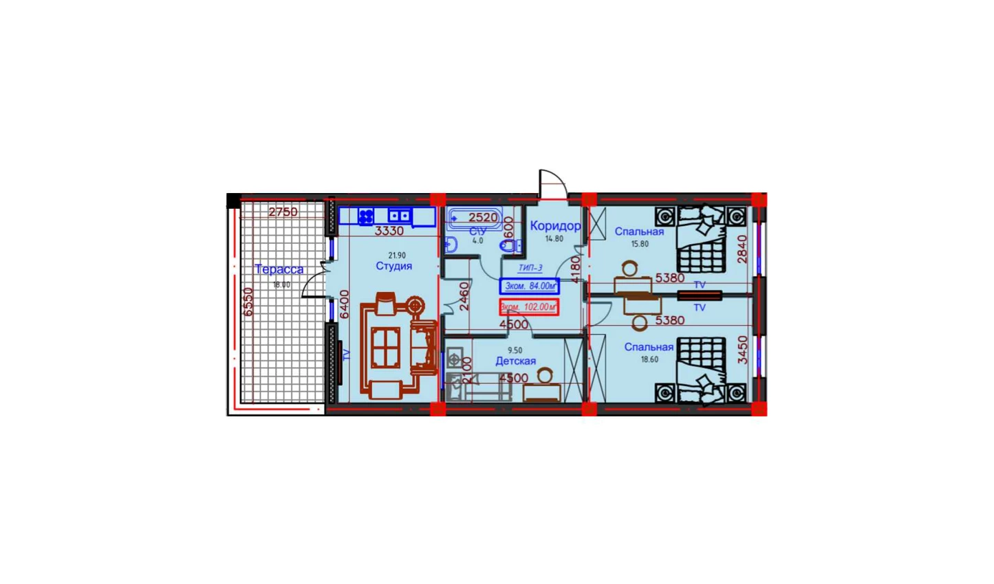 6-комнатная квартира 107 м²  9/9 этаж