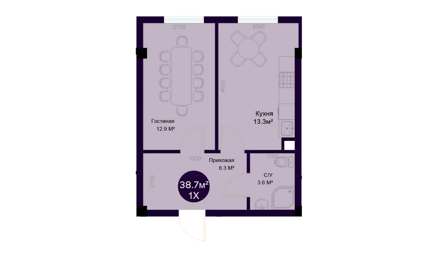 1-комнатная квартира 38.7 м²  1/1 этаж