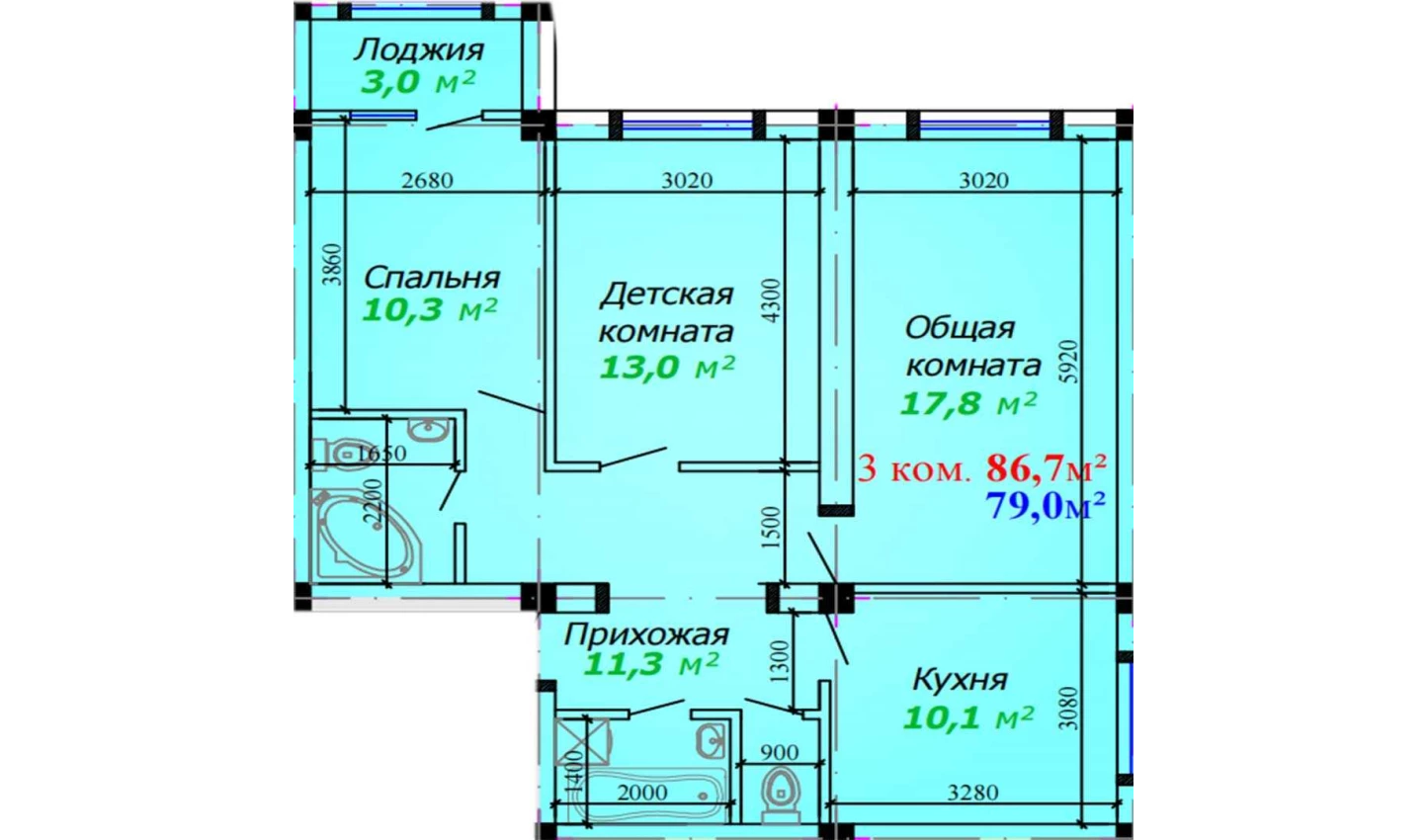 3-комнатная квартира 86.7 м²  1/1 этаж