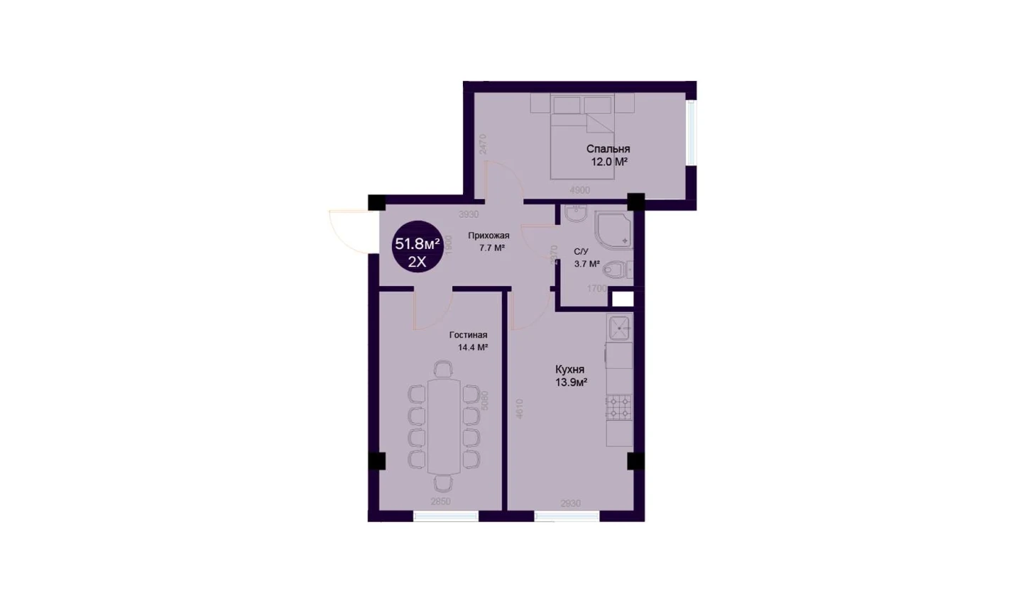 2-комнатная квартира 51.8 м²  1/1 этаж