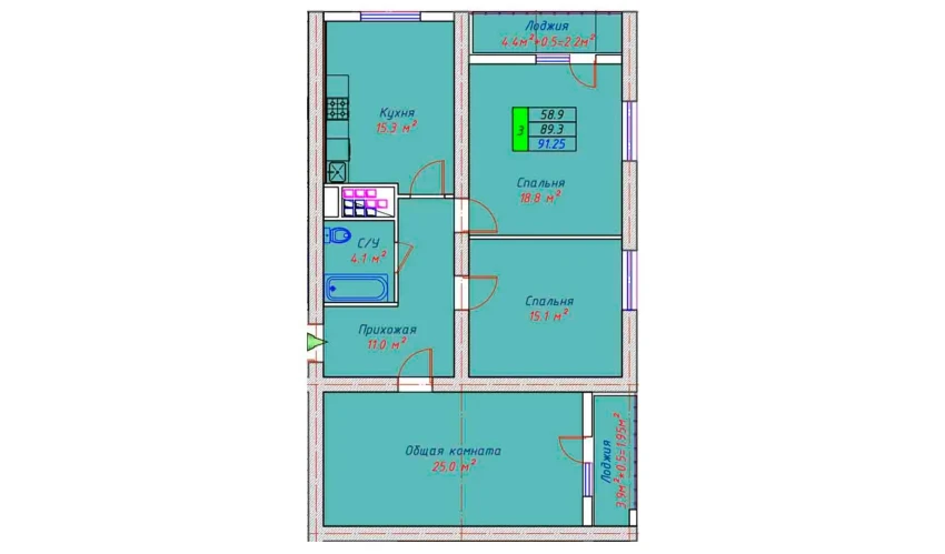 3-xonali xonadon 91.25 m²  29/30 qavat | ECO TOWER Turar-joy majmuasi