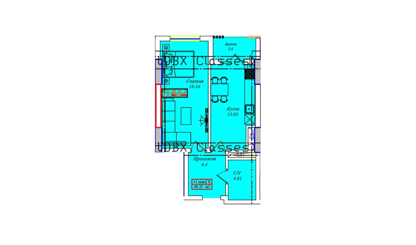 1-xonali xonadon 44.78 m²  16/16 qavat