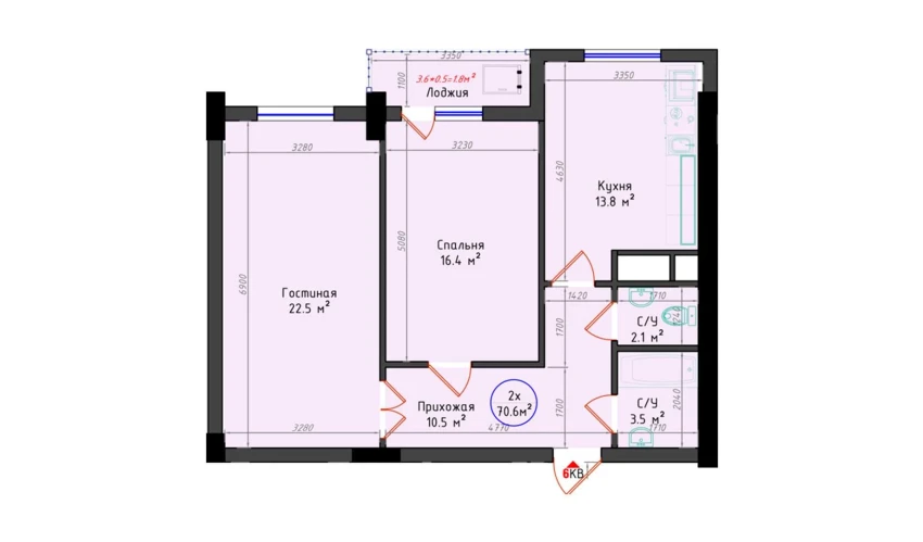 2-xonali xonadon 70.6 m²  1/25 qavat | Brilliant City Turar-joy majmuasi