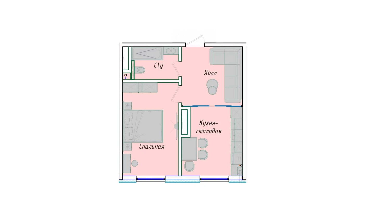 1-комнатная квартира 39.02 м²  1/1 этаж