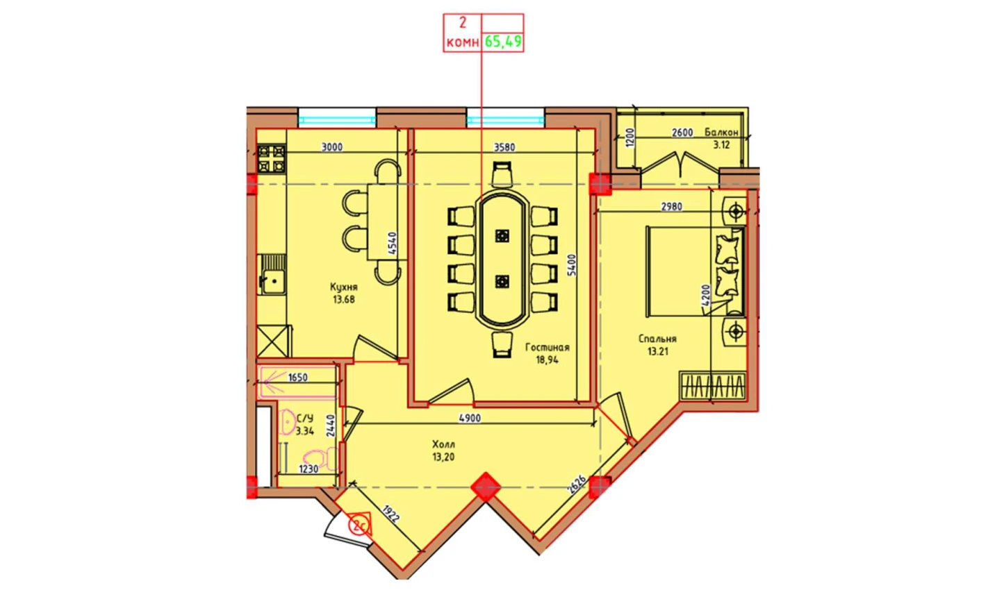 2-комнатная квартира 62.37 м²  6/6 этаж