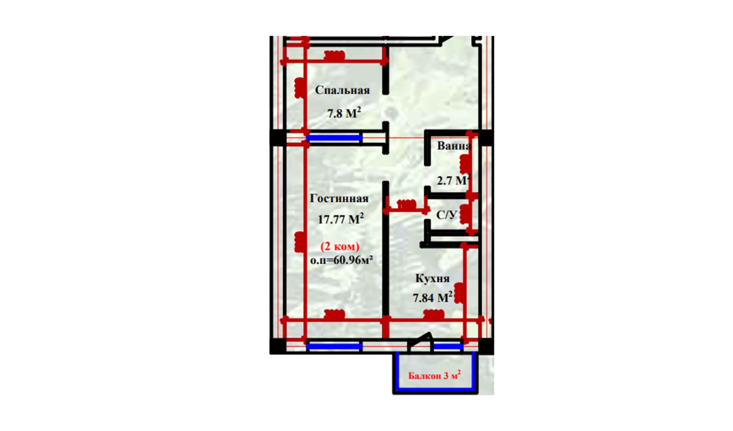 2-xonali xonadon 60.96 m²  2-9/2-9 qavat