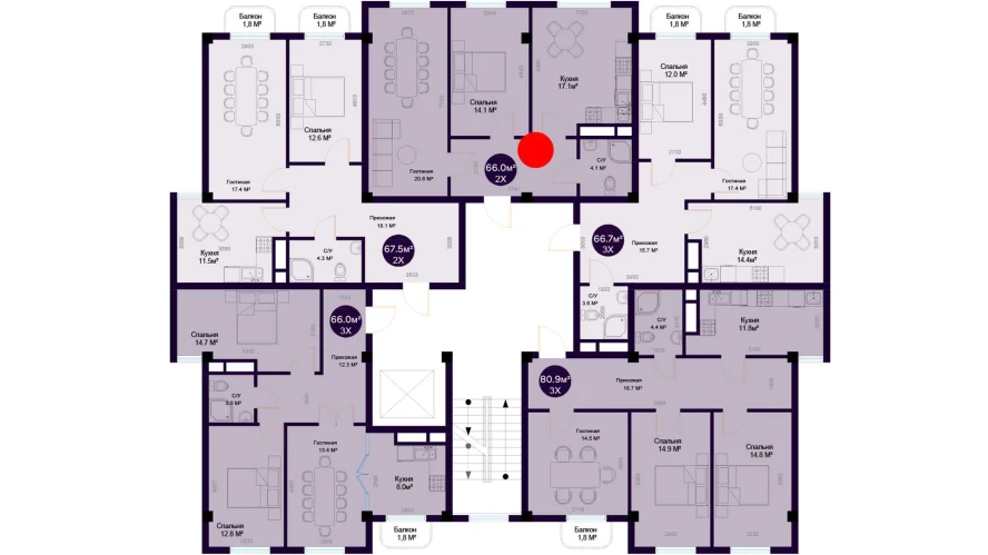 2-комнатная квартира 66 м²  3/3 этаж