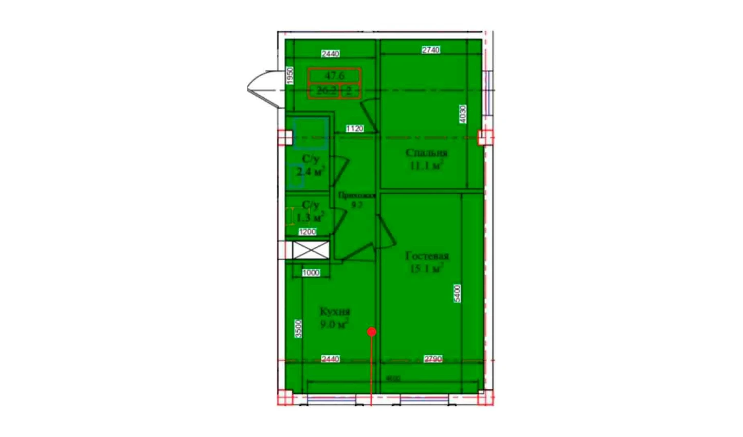 2-комнатная квартира 47.6 м²  1/1 этаж