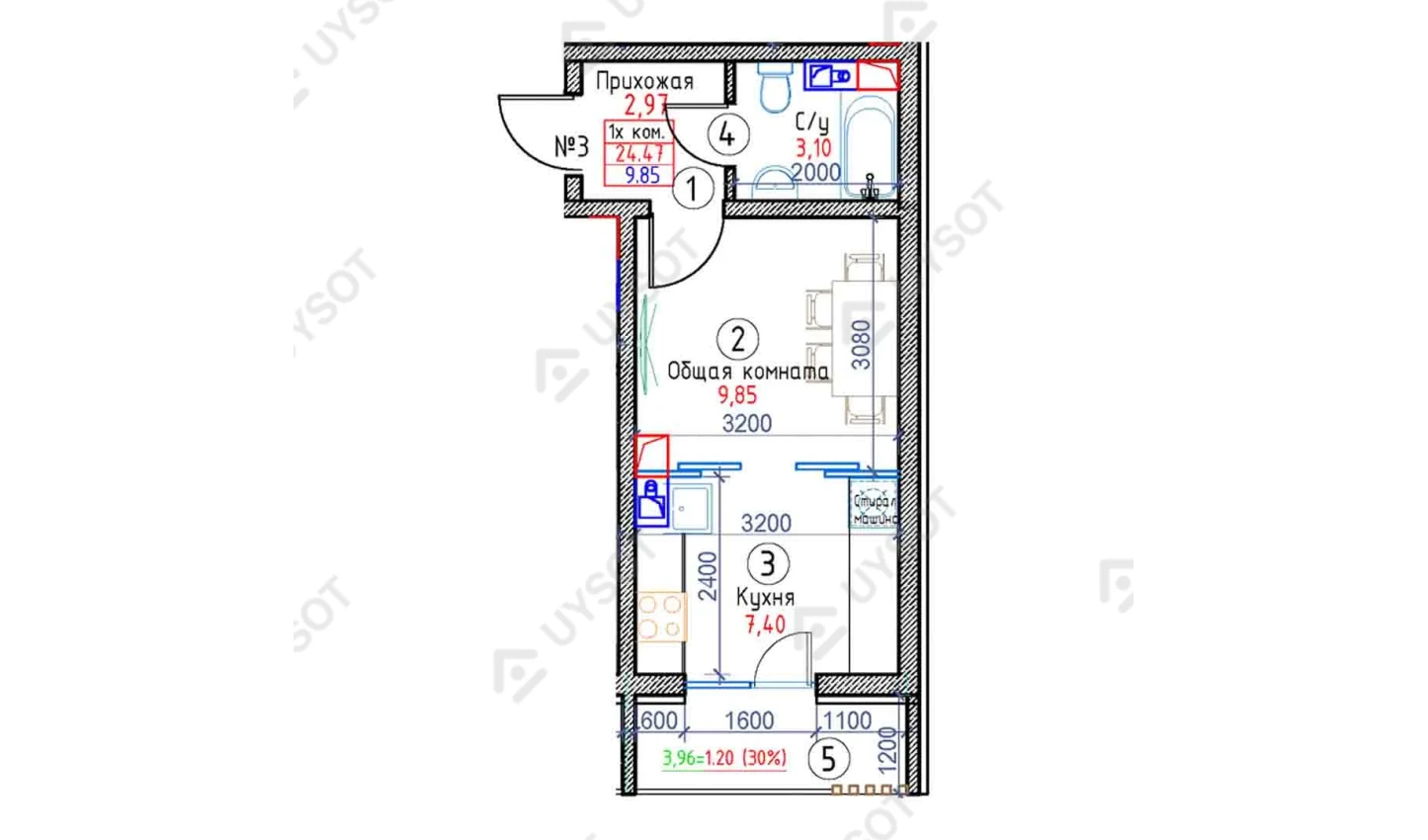 1-комнатная квартира 24.47 м²  2-8/2-8 этаж