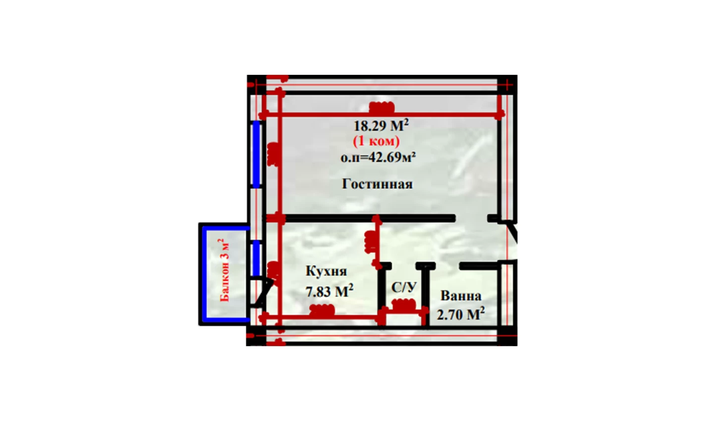 1-xonali xonadon 42.69 m²  2-9/2-9 qavat