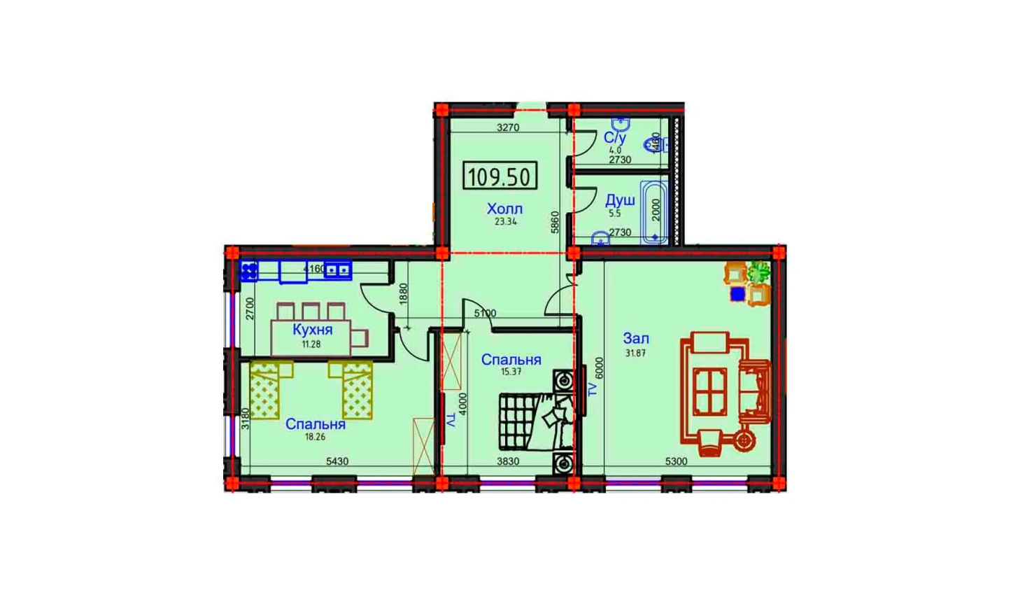 3-комнатная квартира 109.5 м²  1/1 этаж