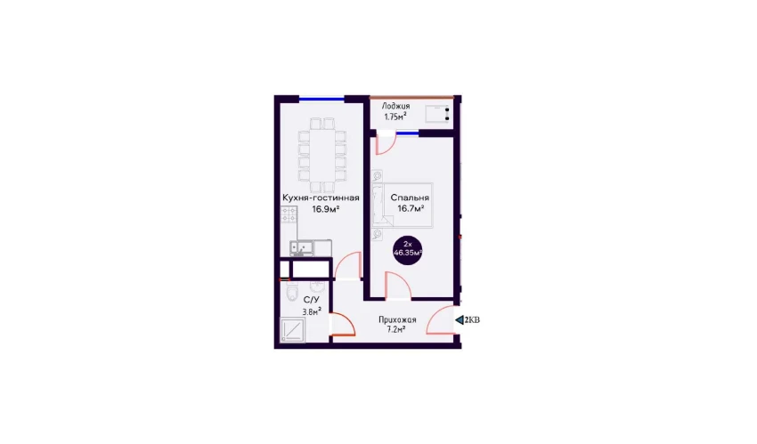 2-комнатная квартира 46.35 м²  3/16 этаж | Жилой комплекс Crystal Avenue