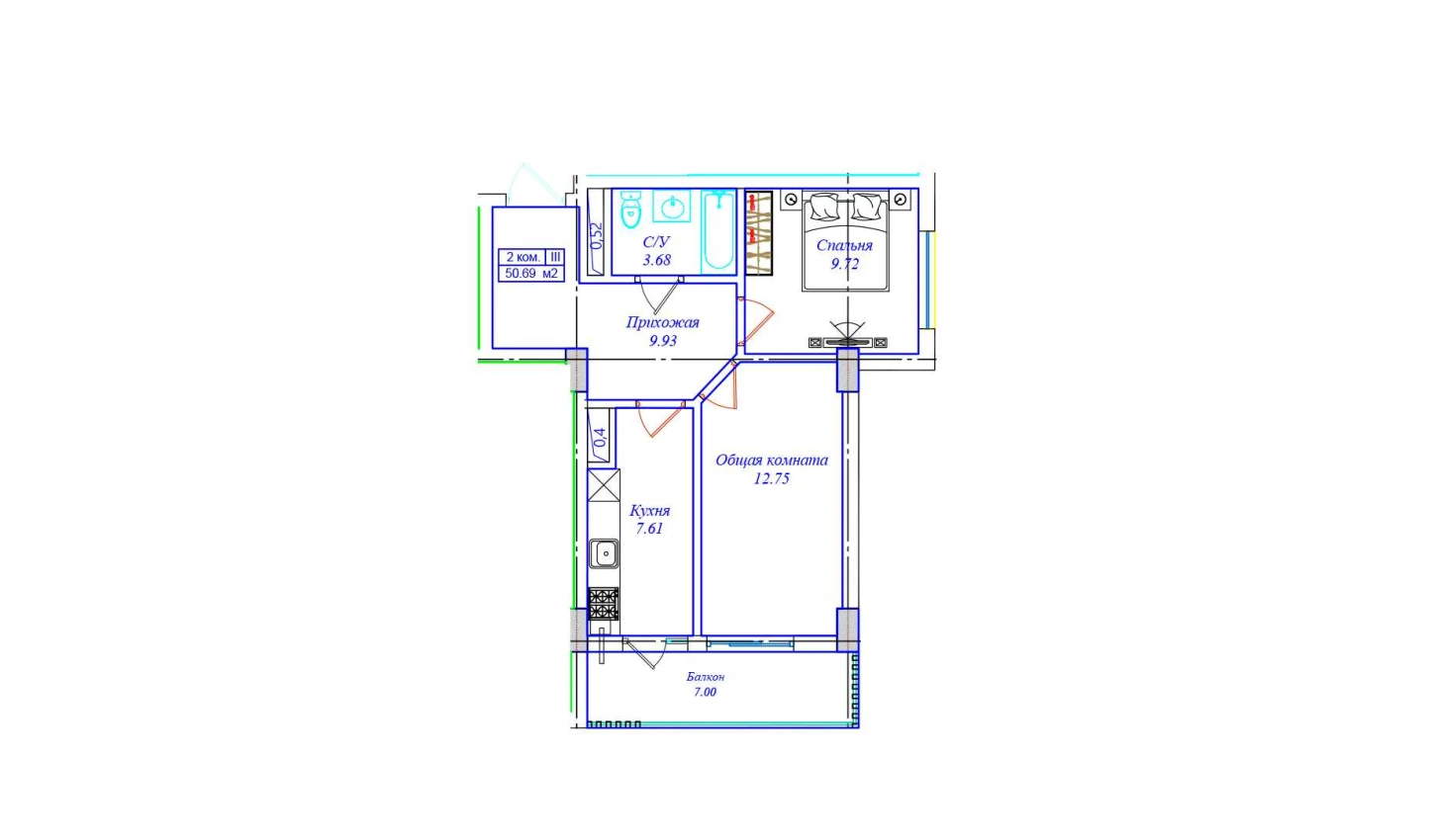 2-комнатная квартира 50.69 м²  2/2 этаж