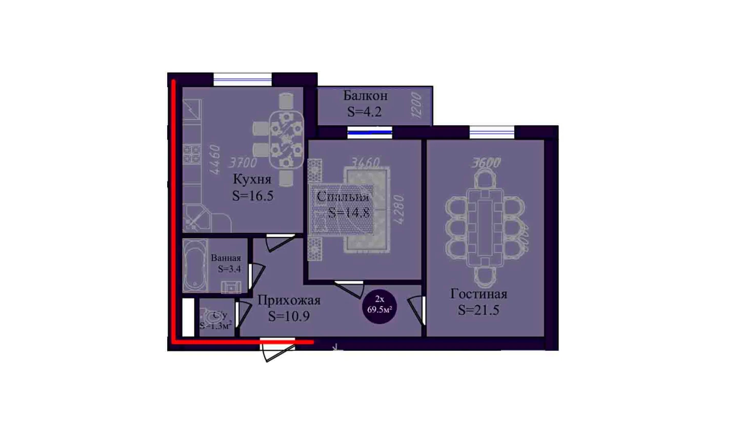 2-комнатная квартира 69.5 м²  3/3 этаж