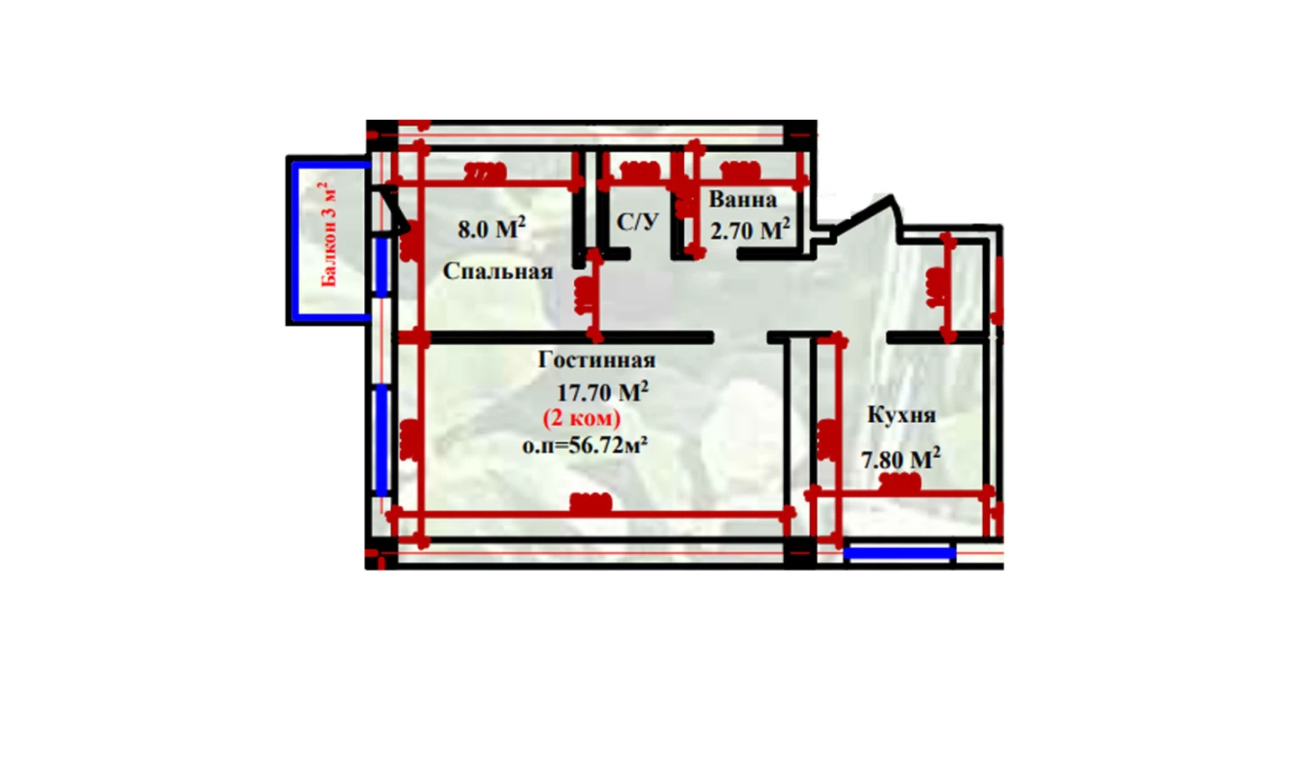 2-xonali xonadon 56.72 m²  1/1 qavat