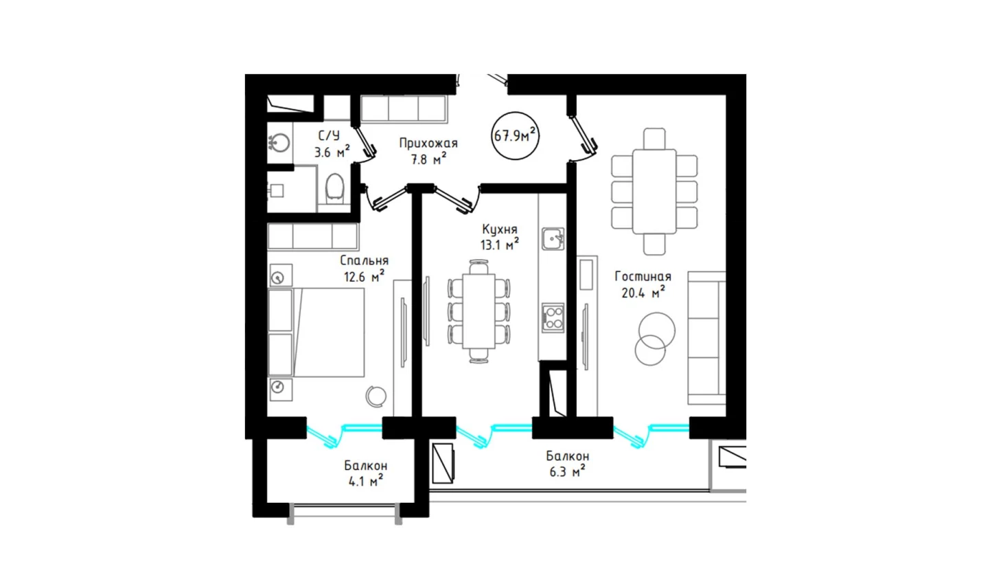 2-xonali xonadon 67.9 m²  6/6 qavat