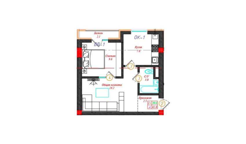 1-xonali xonadon 41 m²  3/12 qavat | CHINARA PARK Turar-joy majmuasi