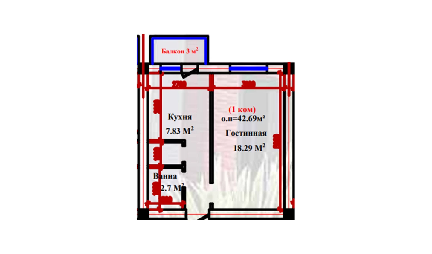 1-xonali xonadon 42.69 m²  2-9/2-9 qavat