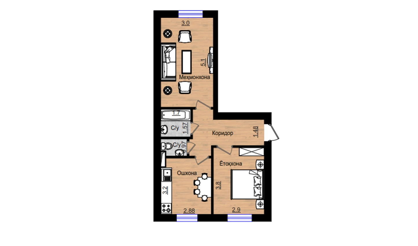 2-комнатная квартира 55.82 м²  1/1 этаж