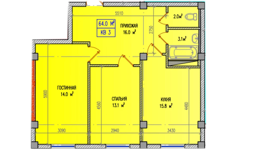 3-комнатная квартира 64 м²  7/7 этаж