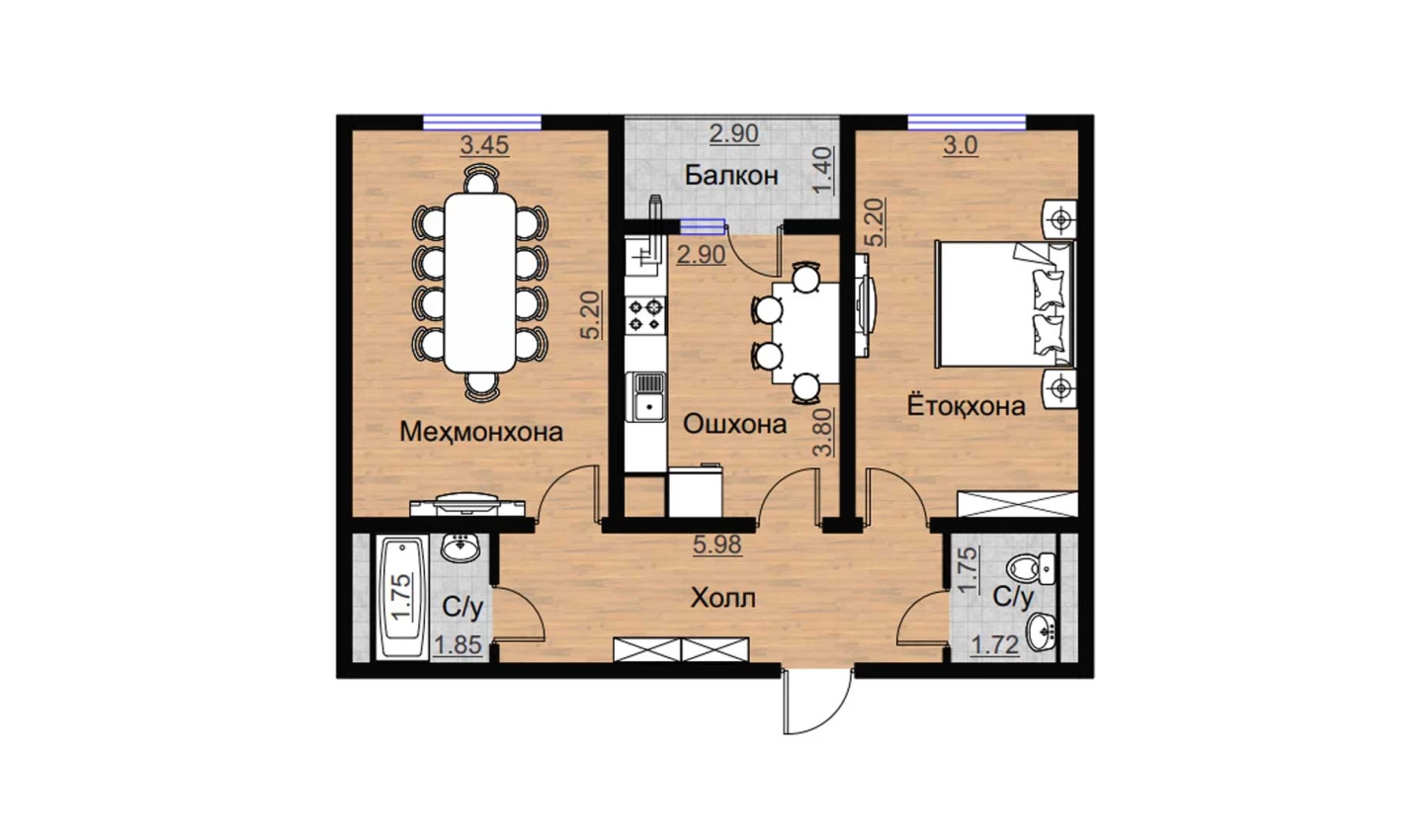 2-комнатная квартира 72.85 м²  3/3 этаж