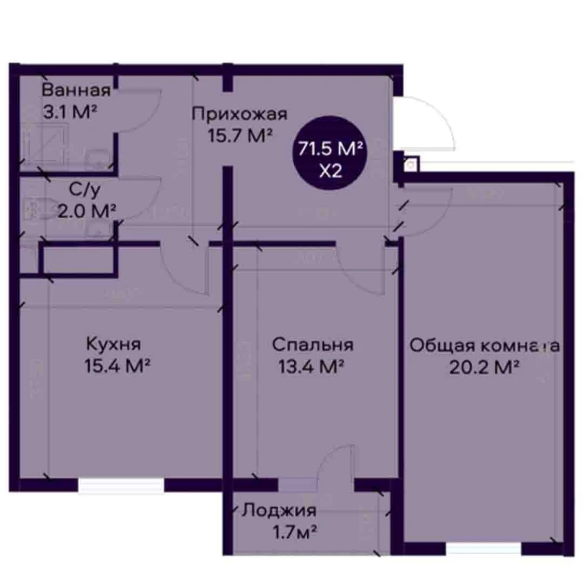 2-комн. квартира 55.1 м²  7/12 этаж | Жилой комплекс YAQINLAR