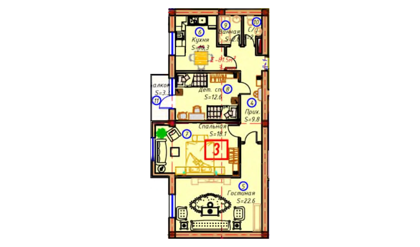 3-комнатная квартира 81.5 м²  2/2 этаж