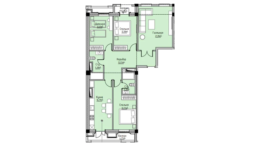 4-комнатная квартира 115 м²  4/4 этаж